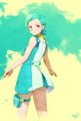 Rule 34 | 00s, 1girl, aqua hair, ass, back, bare shoulders, blush, buttons, cloud, dress, eureka (eureka seven), eureka seven, eureka seven (series), from behind, hair ornament, hairclip, highres, jewelry, kobayashi yuji, looking at viewer, looking back, necklace, outdoors, pink eyes, pouch, short dress, short hair, signature, sky, sleeveless, smile, solo, standing, swept bangs, thigh strap