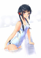 Rule 34 | 1girl, arm behind back, arm support, bare legs, bare shoulders, black hair, blush, braid, breasts, cat hair ornament, cleavage, collarbone, competition swimsuit, dutch angle, hair bobbles, hair ornament, hair tie, hairclip, highres, kazeno, leaning forward, long hair, looking at viewer, one-piece swimsuit, original, parted lips, pool, purple eyes, school swimsuit, shiny skin, sidelocks, small breasts, smile, solo, swimsuit, twin braids, wading, water, wet, white one-piece swimsuit, white school swimsuit