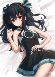 Rule 34 | 1girl, bare shoulders, black dress, black gloves, black hair, blush, breasts, commission, dress, gloves, grin, hair ribbon, highres, looking at viewer, lying, mogurii, neptune (series), on bed, open mouth, pixiv commission, red eyes, ribbon, small breasts, smile, solo, two side up, uni (neptunia)
