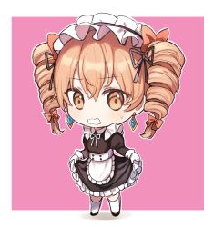 Rule 34 | 1girl, alternate costume, apron, black dress, black footwear, border, brown eyes, dress, drill hair, earrings, enmaided, frilled apron, frilled dress, frills, full body, gloves, hair between eyes, highres, jewelry, juliet sleeves, light brown hair, long hair, long sleeves, maid, maid apron, maid headdress, open mouth, puffy sleeves, shoes, solo, sweetpotatojelly, thighhighs, touhou, twin drills, twintails, waist apron, white apron, white border, white gloves, white thighhighs, yorigami jo&#039;on