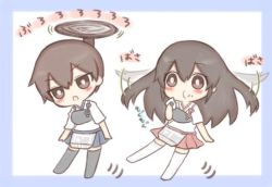 Rule 34 | 10s, 2girls, akagi (kancolle), brown eyes, brown hair, chewing, chibi, commentary, eating, expressive hair, flying, food, food on face, jako (jakoo21), japanese clothes, kaga (kancolle), kantai collection, long hair, multiple girls, muneate, onigiri, open mouth, pleated skirt, rice, rice on face, short hair, side ponytail, skirt, thighhighs, translated
