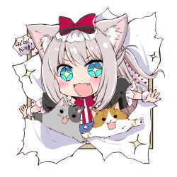 Rule 34 | + +, 1girl, :3, :d, american flag, american flag print, animal, animal ears, azur lane, black dress, blue eyes, blush, bow, cat, cat ears, commentary request, dress, english text, fang, flag print, hair bow, hammann (azur lane), long hair, looking at viewer, mito (go!go!king!), one side up, open mouth, outstretched arms, polka dot, print neckwear, puffy short sleeves, puffy sleeves, red bow, short sleeves, sidelocks, silver hair, smile, solo, sparkle, spread arms, transparent background, v-shaped eyebrows, very long hair, wrist cuffs