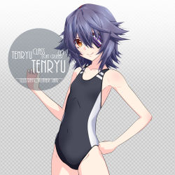 Rule 34 | 1girl, aged down, alternate breast size, artist name, black one-piece swimsuit, blush, character name, checkered background, collarbone, commentary request, competition swimsuit, cowboy shot, eyepatch, eyes visible through hair, flat chest, gradient background, hair between eyes, inaba shiki, kantai collection, looking at viewer, multicolored clothes, multicolored swimsuit, one-hour drawing challenge, one-piece swimsuit, purple hair, short hair, simple background, smile, solo, standing, striped clothes, striped one-piece swimsuit, swimsuit, tenryuu (kancolle), vertical-striped clothes, vertical-striped one-piece swimsuit, yellow eyes
