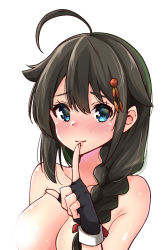 Rule 34 | 1girl, ahoge, black gloves, black hair, blue eyes, blush, braid, breasts, censored, collarbone, finger to mouth, fingerless gloves, gloves, hair flaps, hair ornament, kantai collection, large breasts, long hair, looking at viewer, nude, sarfata, shigure (kancolle), shigure kai ni (kancolle), simple background, single braid, smile, solo, upper body, white background