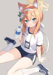 Rule 34 | 1girl, animal ear fluff, animal ears, aqua eyes, arm support, blue archive, blue footwear, blue shorts, bottle, closed mouth, commentary request, flower, grey background, gym shirt, gym uniform, hair flower, hair ornament, hairband, halo, holding, holding bottle, long hair, looking at viewer, mari (blue archive), mari (track) (blue archive), mauve, official alternate costume, orange hair, plastic bottle, shirt, shoes, short sleeves, shorts, simple background, sitting, smile, socks, solo, water bottle, white hairband, white shirt, white socks, yellow halo