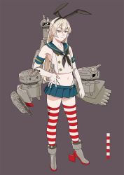 Rule 34 | 1girl, bad id, bad twitter id, black panties, blonde hair, blue skirt, crop top, elbow gloves, frown, full body, gloves, grey background, grey eyes, hand on own hip, highleg, highleg panties, kantai collection, long hair, looking at viewer, machinery, microskirt, miniskirt, navel, ojipon, panties, pleated skirt, rensouhou-chan, shimakaze (kancolle), simple background, skirt, solo, standing, striped clothes, striped thighhighs, thighhighs, underwear, white gloves