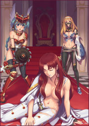 Rule 34 | 10s, 3girls, armor, blonde hair, blue eyes, breasts, claudette (queen&#039;s blade), claudette (queen's blade), eiwa, green hair, helmet, large breasts, leina (queen&#039;s blade), leina (queen's blade), long hair, mirim, multiple girls, oda non, open mouth, panties, pantyhose, phantom warrior leina, queen&#039;s blade, queen&#039;s blade rebellion, red hair, shield, sword, thighhighs, thundercloud queen claudette, torn clothes, underwear, weapon, winged helmet