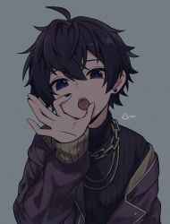 Rule 34 | 1boy, black hair, black nails, black sweater, blue eyes, chain, earrings, fellatio gesture, grey background, highres, indie virtual youtuber, jacket, jewelry, long sleeves, looking at viewer, male focus, nail polish, off shoulder, open clothes, open jacket, open mouth, oral invitation, purple jacket, short hair, shoto (vtuber), sweater, tako wieners, virtual youtuber