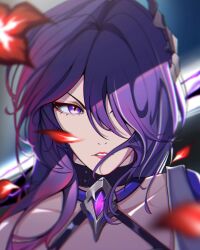 Rule 34 | &gt;:(, 1girl, acheron (honkai: star rail), artbyhange, black choker, choker, clenched teeth, collarbone, commentary, criss-cross halter, english commentary, flower, hair ornament, hair over one eye, halterneck, highres, honkai: star rail, honkai (series), looking to the side, multicolored hair, parted lips, portrait, purple eyes, purple hair, red flower, red petals, solo, streaked hair, teeth, v-shaped eyebrows