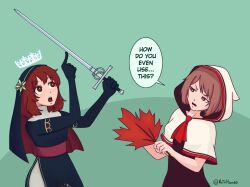 Rule 34 | 2girls, artist name, brown eyes, brown hair, company connection, creator connection, crossover, crown, dots, dress, flower, hair flower, hair ornament, highres, holding, holding weapon, hood, in-franchise crossover, kaho (momodora), leaf, look-alike, maple leaf, minoria, momodora: reverie under the moonlight, multiple girls, not a hazard, nun, open mouth, semilla, in-franchise crossover, short hair, simple background, sword, veil, weapon