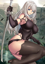 Rule 34 | 1girl, android, black gloves, black thighhighs, blue eyes, boots, breasts, building, day, elbow gloves, giovanni zaccaria, gloves, joints, katana, large breasts, long hair, mole, mole under mouth, nier:automata, nier (series), no blindfold, overcast, pink lips, robot joints, ruins, silver hair, sky, sword, thigh boots, thighhighs, torn clothes, weapon, a2 (nier:automata)