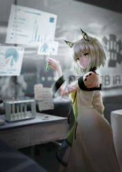 Rule 34 | 1girl, animal ear fluff, animal ears, arknights, bare shoulders, black choker, blurry, blurry background, chinese commentary, choker, coat, commentary request, cowboy shot, dress, from side, green dress, green eyes, hand up, head tilt, holding, hundan, indoors, kal&#039;tsit (arknights), long sleeves, looking at viewer, material growth, off-shoulder dress, off shoulder, open clothes, open coat, oripathy lesion (arknights), see-through, see-through sleeves, short hair, silver hair, solo, standing, test tube, white coat, wide sleeves