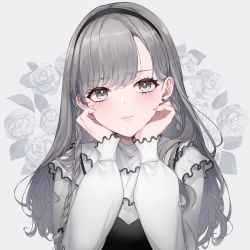 Rule 34 | 1girl, black bow, black dress, black hairband, blush, bow, braid, closed mouth, dress, earrings, floral background, flower earrings, grey background, grey eyes, grey hair, grey theme, hair bow, hairband, hands up, head tilt, highres, jewelry, long hair, long sleeves, looking at viewer, neko-san (dim.dream), original, puffy long sleeves, puffy sleeves, shirt, simple background, sleeves past wrists, solo, upper body, white shirt