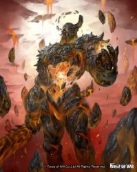 Rule 34 | copyright name, douzen, force of will, golem, horns, lava, no humans, official art, one eye closed, orange eyes, rock, single horn, solo