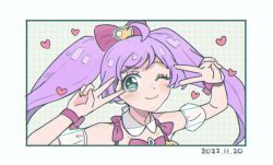 Rule 34 | 1girl, ;), bare shoulders, bow, closed mouth, cropped torso, dated, detached collar, detached sleeves, double v, hair bow, hands up, heart, long hair, looking at viewer, manaka laala, one eye closed, pink bow, pretty series, pripara, puffy detached sleeves, puffy sleeves, purple hair, seihakumai, smile, solo, twintails, upper body, v, v over eye, very long hair, white sleeves