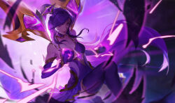Rule 34 | 1girl, bare shoulders, breasts, cleavage, closed mouth, elbow gloves, facial mark, feet out of frame, gem, gloves, highres, kai&#039;sa, l+ (colour0816), league of legends, long hair, looking at viewer, medium breasts, multicolored background, pleated skirt, purple gloves, purple hair, purple thighhighs, skirt, smile, solo, star guardian kai&#039;sa, thighhighs