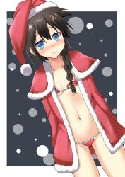 Rule 34 | 10s, 1girl, arms at sides, bikini, black hair, blue eyes, blush, border, braid, breasts, capelet, christmas, coat, cowboy shot, dutch angle, embarrassed, fur-trimmed coat, fur trim, hair flaps, hair ornament, hair over shoulder, hat, kantai collection, long sleeves, looking at viewer, micro bikini, navel, nose blush, open clothes, open coat, outside border, pom pom (clothes), red bikini, red coat, santa costume, santa hat, shigure (kancolle), shigure kai ni (kancolle), single braid, small breasts, solo, swimsuit, wavy mouth, white border