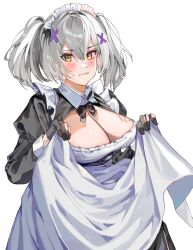 Rule 34 | 1girl, absurdres, alternate costume, apron, black bow, black bowtie, black dress, black gloves, black ribbon, blush, bow, bowtie, breasts, character request, check character, cleavage, clothes lift, collared dress, dress, dress lift, embarrassed, gloves, grey hair, hair ornament, highres, large breasts, long hair, looking at viewer, maid, maid apron, maid headdress, neck ribbon, orange eyes, parted lips, punishing: gray raven, ribbon, rosetta (punishing: gray raven), skirt, skirt lift, solo, sweatdrop, two side up, white background, white dress, x hair ornament, yongsadragon