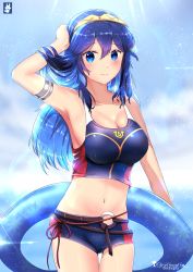 Rule 34 | 1girl, alternate breast size, blue eyes, blue hair, blush, breasts, chinchongcha, cleavage, fire emblem, fire emblem awakening, fire emblem cipher, highres, large breasts, long hair, looking at viewer, lucina (fire emblem), navel, nintendo, smile, solo, standing, swimsuit