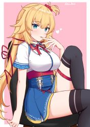 Rule 34 | 1girl, akai haato, akai haato (1st costume), artist request, black thighhighs, blonde hair, blue eyes, breasts, chair, character name, finger to mouth, hair ornament, hair ribbon, heart, heart hair ornament, highres, hololive, knee up, large breasts, leg strap, long hair, ribbon, school uniform, short sleeves, sitting, solo, thigh strap, thighhighs, virtual youtuber