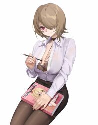 Rule 34 | 1girl, absurdres, bianka durandal ataegina, black pantyhose, black skirt, book, bra, breasts, brown bra, brown hair, brown pantyhose, cleavage, closed mouth, collared shirt, cosplay, fingernails, hair over one eye, highres, holding, holding pencil, honkai (series), honkai impact 3rd, invisible chair, large breasts, long sleeves, looking at viewer, mole, mole under eye, pantyhose, pencil, pink eyes, rita rossweisse, shirt, short hair, simple background, sitting, skirt, smile, solo, theresa apocalypse, theresa apocalypse (sakuno rondo) (cosplay), theresa apocalypse (sakuno rondo), thighs, tutou jiang, underwear, white background, white shirt
