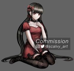 Rule 34 | 1girl, alternate costume, artist name, black bow, black footwear, black thighhighs, bow, breasts, cleavage, collarbone, commission, danganronpa (series), danganronpa v3: killing harmony, dress, dress bow, hair bow, hair ornament, harukawa maki, highres, komatsuzaki rui (style), long hair, looking at viewer, medium breasts, mole, mole under eye, official style, parody, puffy short sleeves, puffy sleeves, red bow, red eyes, scalvy (scalvy art), short sleeves, sitting, smile, solo, style parody, thighhighs, twintails