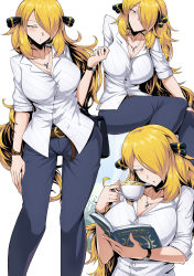 1girl belt blonde_hair blue_pants book breasts brown_belt cleavage commentary_request creatures_(company) cup cynthia_(pokemon) game_freak hair_ornament hair_over_one_eye highres holding holding_book holding_cup jewelry large_breasts long_hair looking_at_viewer multiple_views necklace nintendo pants pokemon pokemon_dppt raglan_sleeves shimure_(460) shirt simple_background teacup very_long_hair white_background white_shirt