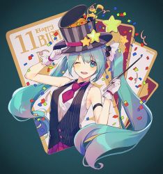 Rule 34 | 1girl, ;d, arm strap, black hat, blue eyes, blue hair, dress shirt, floating hair, gloves, gradient hair, green background, hair between eyes, hair over one eye, hat, hat ornament, hat ribbon, hatsune miku, holding, holding wand, long hair, multicolored hair, nagu, necktie, one eye closed, open mouth, pink hair, pleated skirt, red necktie, red ribbon, red skirt, ribbon, shirt, short necktie, skirt, sleeveless, sleeveless shirt, smile, solo, star (symbol), star hat ornament, striped clothes, striped headwear, twintails, two-tone hair, upper body, very long hair, vocaloid, wand, white gloves, white shirt