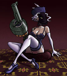 Rule 34 | 1girl, ammunition, amputee, arm cannon, bare shoulders, black dahlia, breasts, bustier, chemise, cleavage, crossed ankles, elbow gloves, explosive, flats, gloves, glowing, glowing eyes, grenade, grenade cartridge, grenade launcher, gun, hat, hat feather, large-caliber cartridge, large breasts, lingerie, mechanical arms, narrow waist, pillow, prosthesis, prosthetic arm, short hair, single glove, single mechanical arm, sitting, skullgirls, solo, southpawper, thighhighs, underwear, underwear only, veil, weapon, white gloves, white thighhighs
