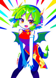 Rule 34 | 1girl, absurdres, black pants, blush, breasts, brown eyes, china dress, chinese clothes, draco centauros, dragon girl, dragon horns, dragon tail, dragon wings, dress, elbow gloves, fang, gloves, green hair, highres, horns, large breasts, looking at viewer, offbeat, open mouth, pants, puyopuyo, red dress, sleeveless, sleeveless dress, smile, solo, tail, white gloves, wings