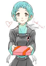 Rule 34 | 1girl, aqua hair, blush, cowboy shot, english text, giving, incoming gift, looking at viewer, persona, persona 3, religious offering, school uniform, short hair, simple background, solo, sutei (giru), thank you, valentine, white background, yamagishi fuuka