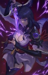 Rule 34 | 1girl, armor, black thighhighs, breasts, bridal gauntlets, cleavage, electricity, genshin impact, highres, holding, holding sword, holding weapon, human scabbard, japanese clothes, kimono, large breasts, long hair, mole, mole under eye, nail polish, obi, purple eyes, purple hair, purple kimono, raiden shogun, raikoart, red background, red nails, sash, shoulder armor, solo, sword, sword between breasts, tassel, thighhighs, thighs, unfinished, weapon, wide sleeves