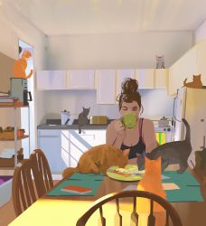 Rule 34 | 1girl, black cat, cat, coffee mug, cup, closed eyes, food, highres, kitchen, messy hair, mug, orange cat, original, outdoors, refrigerator, scenery, snatti, table, too many, too many cats