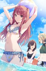 Rule 34 | 3girls, armpits, arms up, ball, bare arms, bare shoulders, beachball, bikini, black eyes, black one-piece swimsuit, breasts, closed mouth, copyright request, day, frilled bikini, frills, highres, holding, long hair, looking at viewer, medium breasts, multiple girls, navel, ocean, one-piece swimsuit, open mouth, outdoors, red hair, side-tie bikini bottom, smile, standing, stomach, string bikini, sunlight, swimsuit, tomari (veryberry00), two side up, wading, water, white bikini