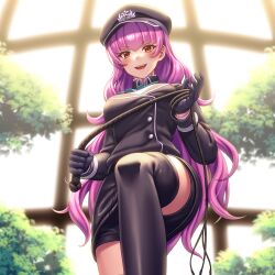 Rule 34 | 1girl, asisuki, askask20112, boots, hat, highres, holding, holding whip, military uniform, open mouth, original, paid reward available, purple hair, red eyes, smile, solo, thigh boots, uniform, whip, window