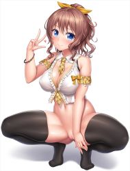 Rule 34 | 1girl, argyle, armpit crease, bang dream!, bare arms, bare shoulders, between breasts, black thighhighs, blue eyes, blush, bottomless, bracelet, breasts, brown hair, cleavage, cleft of venus, closed mouth, covered erect nipples, crop top, detached collar, detached sleeves, full body, gluteal fold, hair between eyes, hair ribbon, hand up, head tilt, heart, jewelry, lambda (kusowarota), large breasts, long hair, looking at viewer, navel, necktie, no shoes, ponytail, pussy, ribbon, short sleeves, sidelocks, simple background, skindentation, smile, solo, squatting, stomach, thighhighs, uncensored, w, wavy hair, white background, yamabuki saya, yellow necktie, yellow ribbon