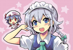 Rule 34 | 2girls, ascot, bat wings, blue eyes, bow, braid, chibi, circle cut, colonel aki, hair between eyes, hair bow, hand up, hat, izayoi sakuya, light purple hair, long hair, looking at viewer, maid headdress, mob cap, multiple girls, open mouth, outstretched arms, pink background, red eyes, remilia scarlet, short hair, short sleeves, silver hair, smile, spread arms, standing, star (symbol), touhou, twin braids, wings