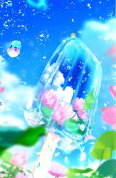 Rule 34 | blue sky, blurry, blurry background, cloud, day, double exposure, flower, food, highres, makoron117117, no humans, original, outdoors, pink flower, plant, popsicle, scenery, sky, still life, water drop