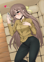 Rule 34 | 10s, 1girl, blush, bow, brown eyes, buttons, cellphone, collared shirt, commentary request, couch, dress shirt, dutch angle, from above, grey hair, hair between eyes, hair bow, half-closed eyes, half updo, hand on own chest, happy, heart, high-waist pants, himouto! umaru-chan, indoors, kanau (himouto!), light smile, long hair, lying, mizuhachi saru, on side, pants, phone, shirt, smartphone, smile, solo, spoken heart, thick thighs, thighs, very long hair, wooden floor