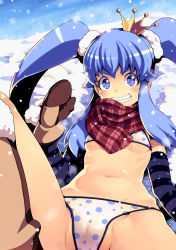 Rule 34 | 10s, 1girl, bikini, blue eyes, blue hair, boots, cleft of venus, cure princess, gloves, grin, happinesscharge precure!, highres, long hair, looking at viewer, magical girl, matching hair/eyes, partially visible vulva, polka dot, polka dot swimsuit, precure, scarf, shirayuki hime, smile, snow, solo, swimsuit, tasaka shinnosuke, twintails