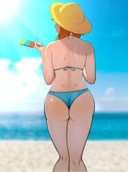Rule 34 | 1girl, aqua bikini, ass, bare shoulders, beach, bikini, blue sky, blurry, blurry background, closed mouth, cloud, commentary, d juicebox21, day, dimples of venus, english commentary, facing away, food, from behind, hand up, hat, highres, holding, holding food, hololive, hololive english, looking to the side, orange hair, outdoors, popsicle, popsicle stick, sky, smile, solo, straw hat, sun hat, sunlight, swimsuit, takanashi kiara, thighs, virtual youtuber