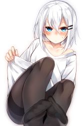 Rule 34 | 1girl, bare shoulders, black pantyhose, blue eyes, blush, collarbone, feet, feet together, foot focus, hair between eyes, hair ornament, hairclip, highres, looking at viewer, no shoes, off shoulder, original, otokuyou, pantyhose, revision, ringo-chan (otokuyou), shirt, short hair, simple background, solo, sweatdrop, toes, white background, white hair