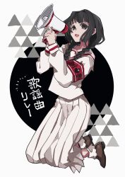 Rule 34 | 1girl, :d, a34403178, amemori sayo, armband, black background, black eyes, black hair, boots, braid, brown footwear, from side, full body, hair over shoulder, highres, holding, holding megaphone, kneeling, long skirt, long sleeves, looking at viewer, low twin braids, megaphone, nijisanji, open mouth, own hands together, pleated skirt, red armband, sailor collar, school uniform, serafuku, shirt, sidelocks, simple background, skirt, sleeve cuffs, smile, solo, twin braids, two-tone background, virtual youtuber, white background, white sailor collar, white serafuku, white shirt, white skirt