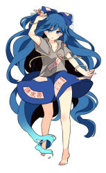 Rule 34 | 1girl, absurdly long hair, bare legs, barefoot, blue bow, blue eyes, blue hair, blue skirt, bow, debt, drawstring, full body, hair bow, hand up, haya taro pochi, holding, hood, hoodie, long hair, looking at viewer, short sleeves, simple background, skirt, solo, touhou, very long hair, white background, yorigami shion