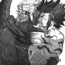 Rule 34 | 2boys, ash core (dungeon and fighter), bara, blush, demon, dungeon and fighter, earrings, etrenok (dungeon and fighter), greyscale, horns, imminent kiss, jewelry, kiss, large pectorals, licking lips, male focus, monochrome, multiple boys, muscular, nikism, nipples, pectoral docking, pectoral press, pectorals, pointy ears, sweat, tattoo, tongue, tongue out, yaoi