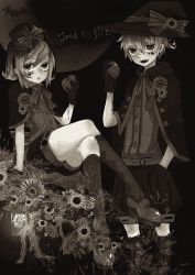 Rule 34 | 1boy, 1girl, apple, bat (animal), bow, cloak, crossed legs, fang, flower, flower ornament, food, fruit, gloves, hand in pocket, hat, hat bow, hat flower, heart, kagamine len, kagamine rin, kneehighs, loalo, monochrome, moon, necktie, open mouth, shorts, socks, star (symbol), tattoo, trick and treat (vocaloid), vocaloid, witch hat