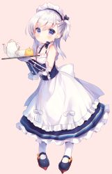 Rule 34 | 1girl, apron, azur lane, little bel (azur lane), belfast (azur lane), bird, blue bow, blue dress, blue eyes, blue footwear, blue gloves, blue ribbon, blush, bow, braid, cup, dress, elbow gloves, gloves, highres, holding, holding tray, leaning forward, looking at viewer, maid, maid apron, maid headdress, one side up, pink background, plate, ribbon, silver hair, sleeveless, sleeveless dress, solo, standing, teacup, teapot, tray, usashiro mani, white apron, white bow, white gloves, white legwear, yellow bow