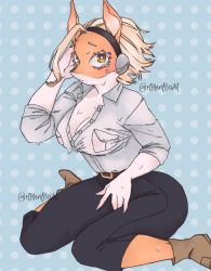 Rule 34 | 1girl, absurdres, animal ears, blonde hair, boku no hero academia, breast pocket, breasts, cleavage, furry, giant, giantess, hairband, highres, ippan josei, large breasts, pocket, r0ttenflesht, snout, solo, yellow eyes