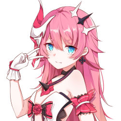 Rule 34 | 1girl, arm garter, bantian yindang, bare shoulders, blue eyes, closed mouth, collarbone, earrings, fang, flat chest, flower, gloves, hair between eyes, hair ornament, hand up, highres, honkai (series), honkai impact 3rd, horns, jewelry, long hair, looking at viewer, pink hair, red flower, revealing clothes, rose, rozaliya olenyeva, sidelocks, simple background, single horn, slit pupils, smile, solo, thick eyebrows, upper body, v, white background, white gloves
