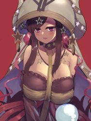 Rule 34 | 1girl, bare shoulders, breasts, brown hair, choker, cleavage, collarbone, crystal ball, dress, earrings, hat, highres, huge breasts, jewelry, large hat, long hair, looking at viewer, magical girl, mahou shoujo ikusei keikaku, o-ring, open mouth, purple dress, purple eyes, pythie frederica, red background, simple background, star (symbol)